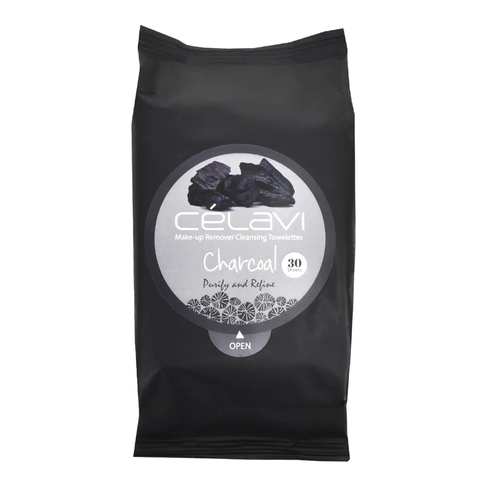 Charcoal packaging of Célavi makeup remover wipes