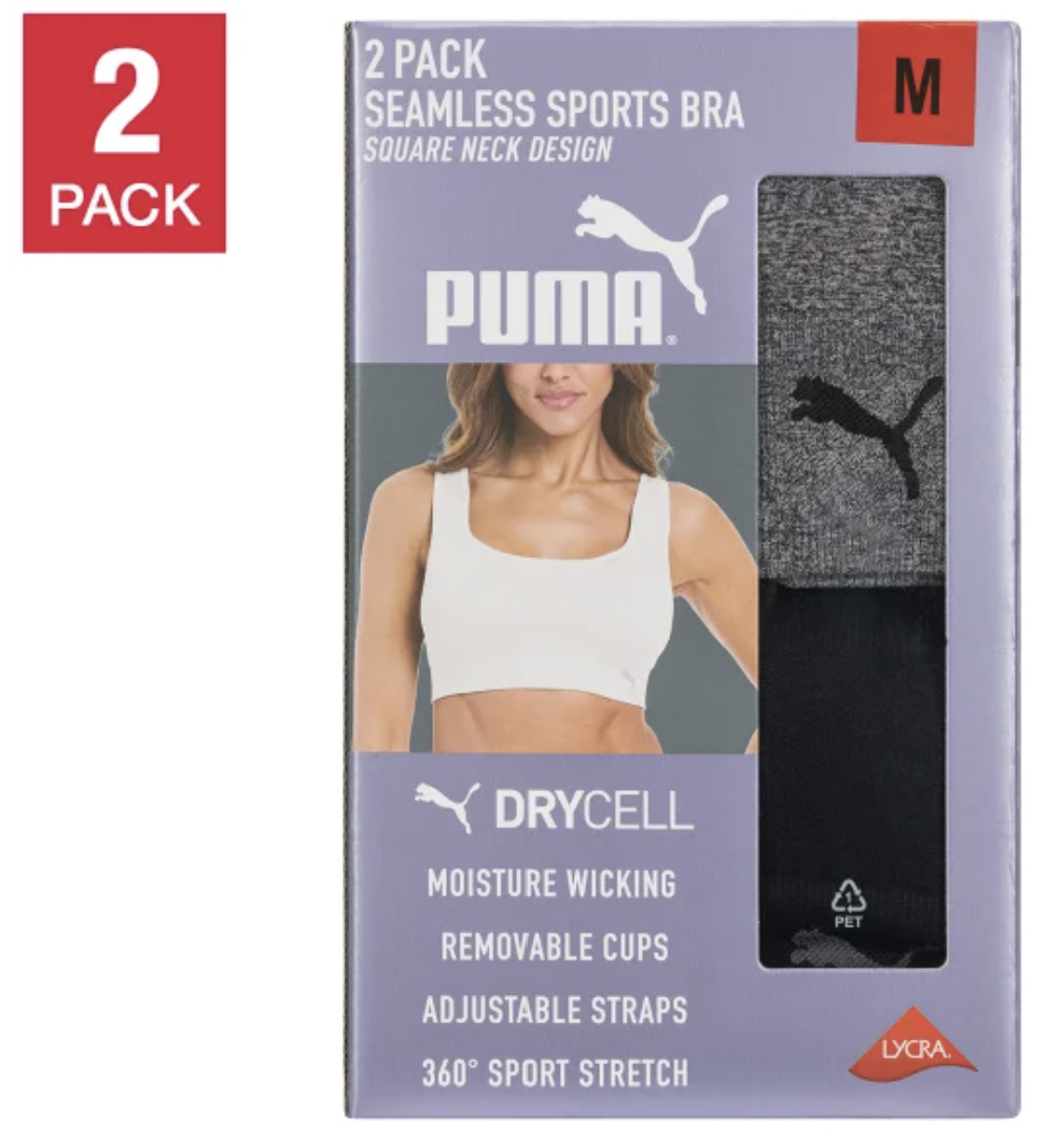 PUMA Women's Seamless Sports Bra, 2-pack BLACK