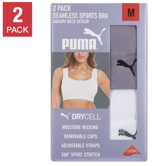PUMA Women's Seamless Sports Bra, 2-pack WHITE