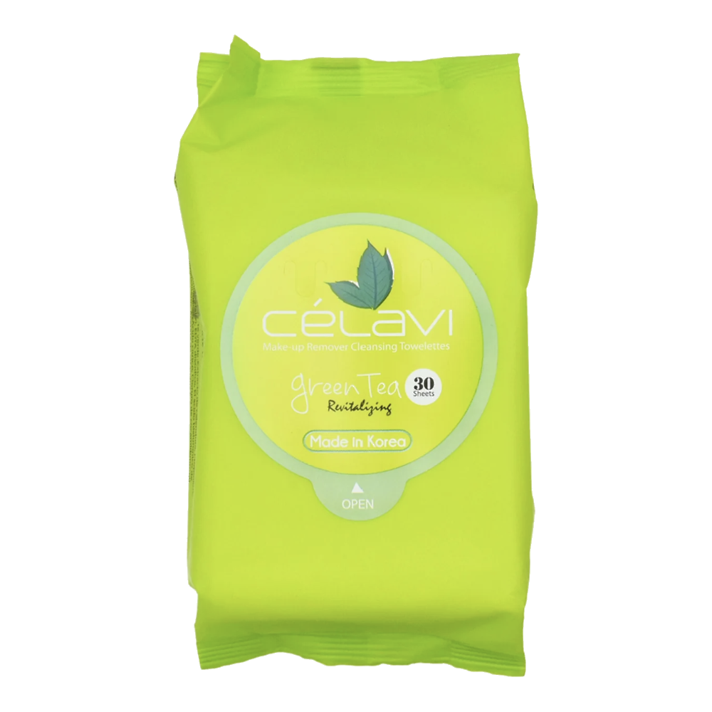 Green Tea packaging of Célavi makeup remover wipes