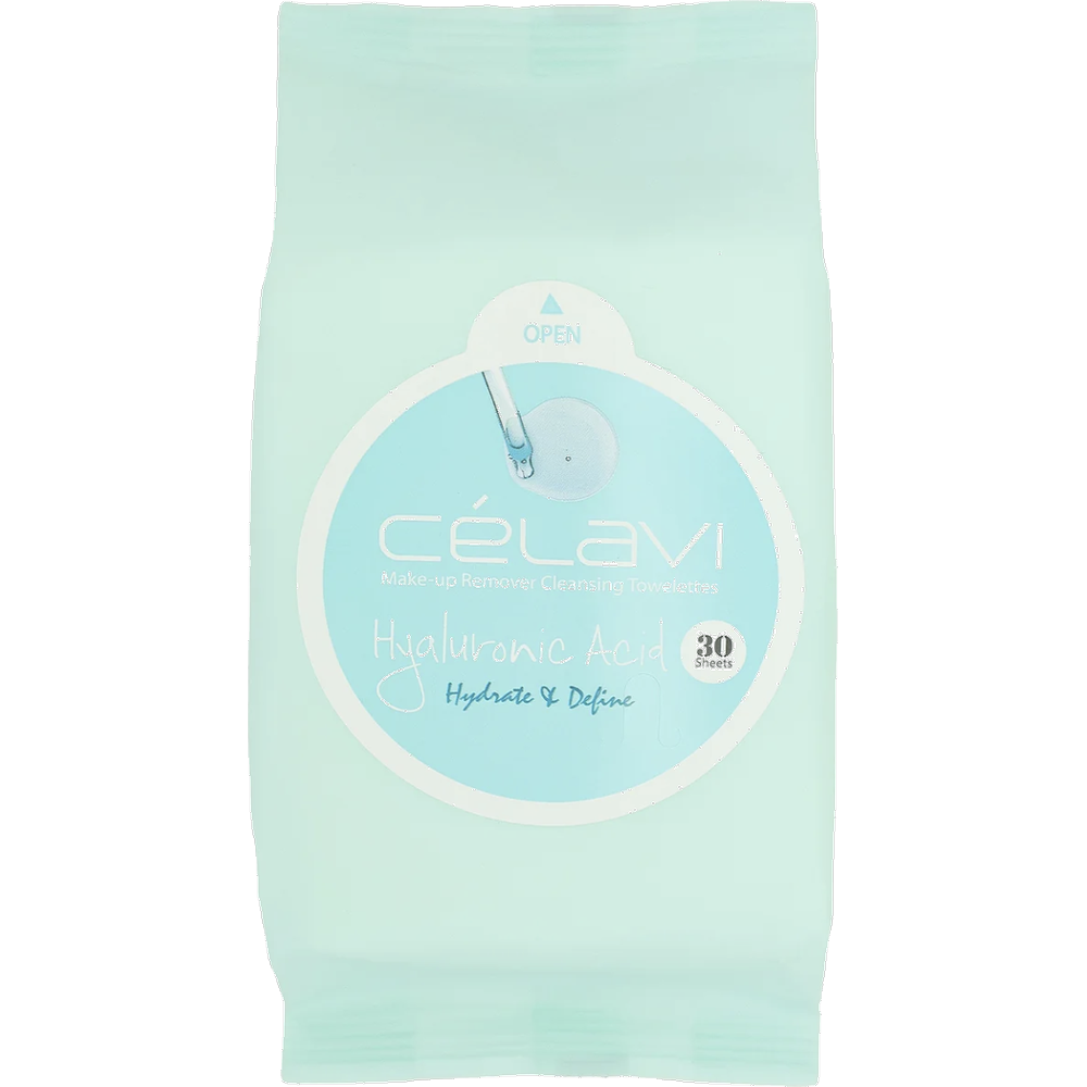 Hyaluronic Acid packaging of Célavi makeup remover wipes