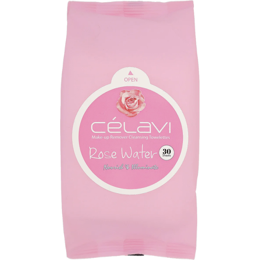 Rose Water packaging of Célavi makeup remover wipes