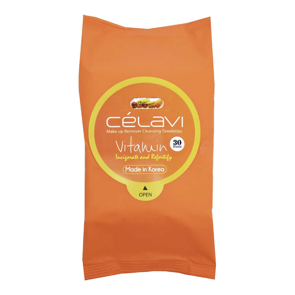 Orange packaging of Célavi makeup remover wipes