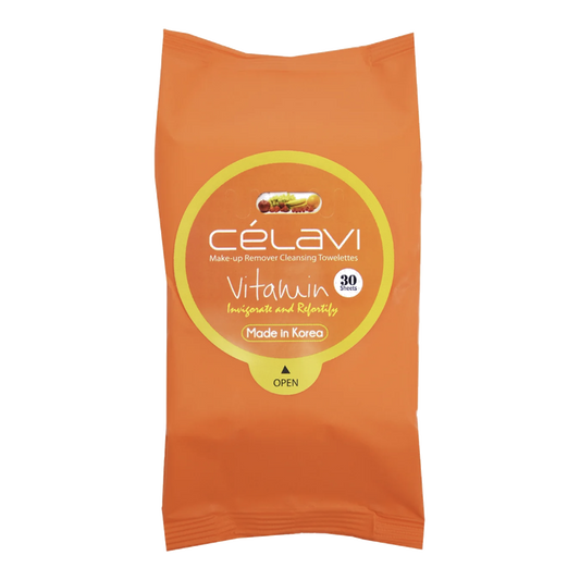 Orange packaging of Célavi makeup remover wipes
